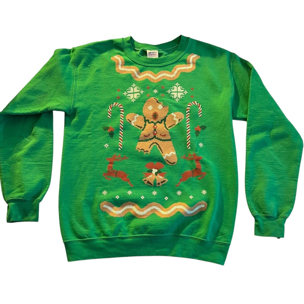 Christmas Holiday Green Sweatshirt Size SMALL Gingerbread Man Candy Cane XMAS